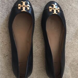 Tory Burch Black Leather Flats with Gold Logo